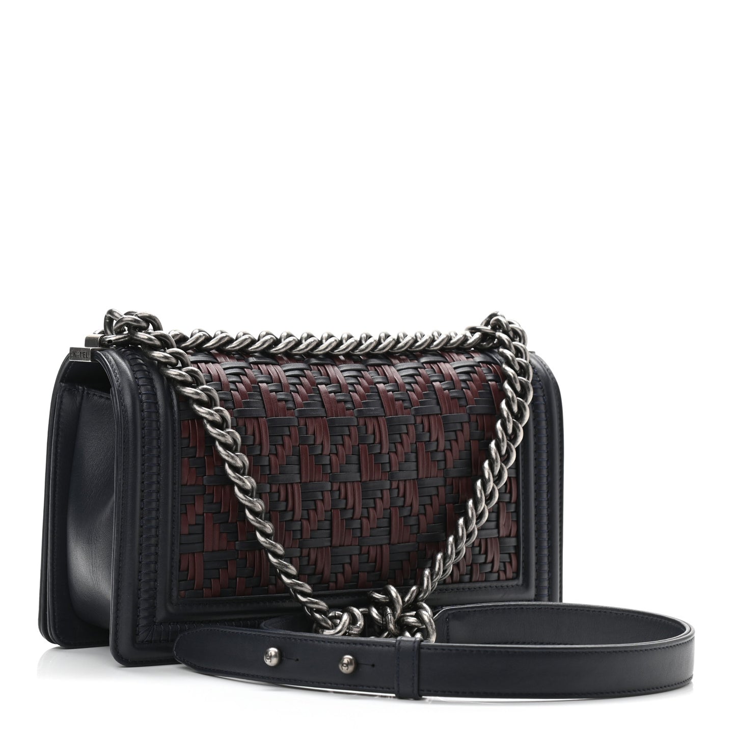 Calfskin Woven Medium Boy Flap Blue Burgundy