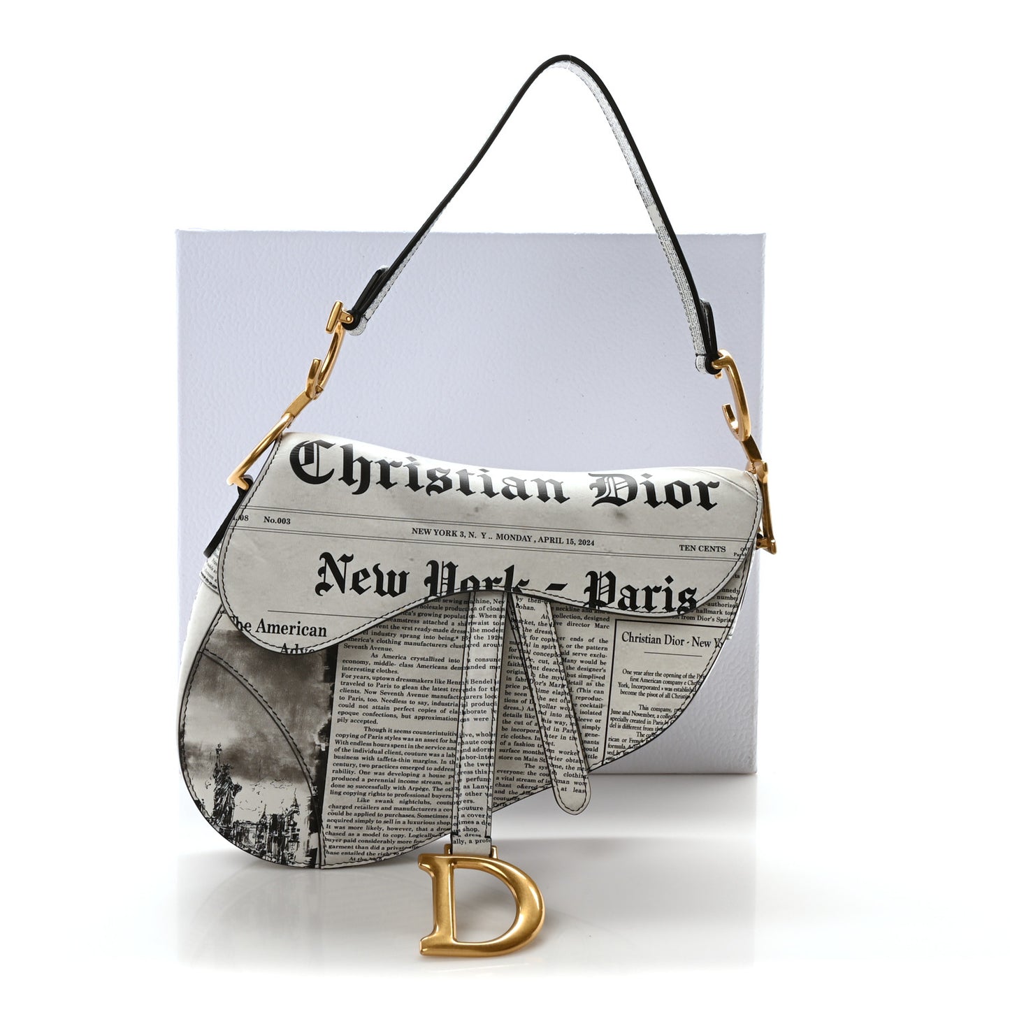 Calfskin Newspaper Printed Saddle Bag With Strap Black White
