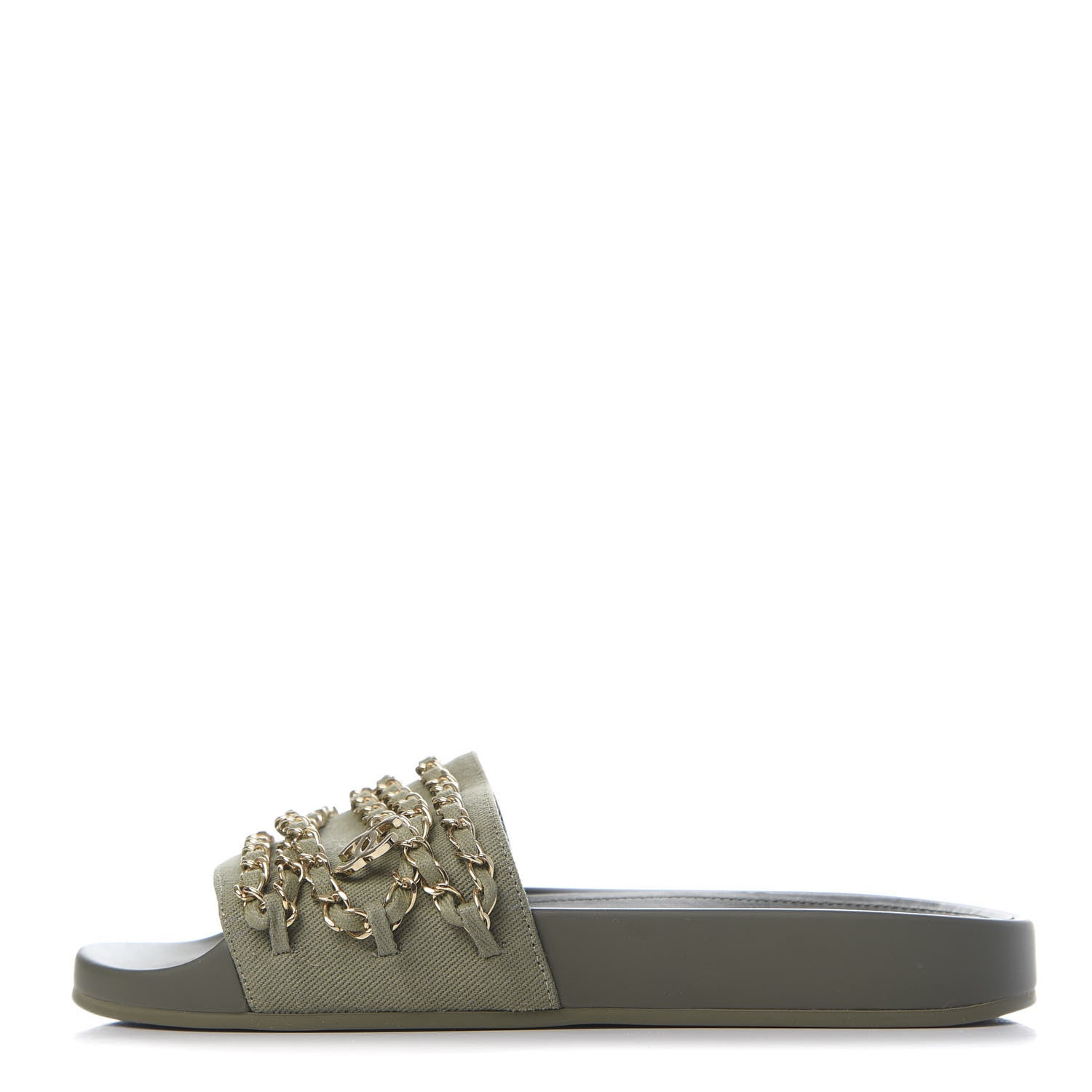 Chanel Canvas Chain Flat Sandals 37 Khaki 1 of 8