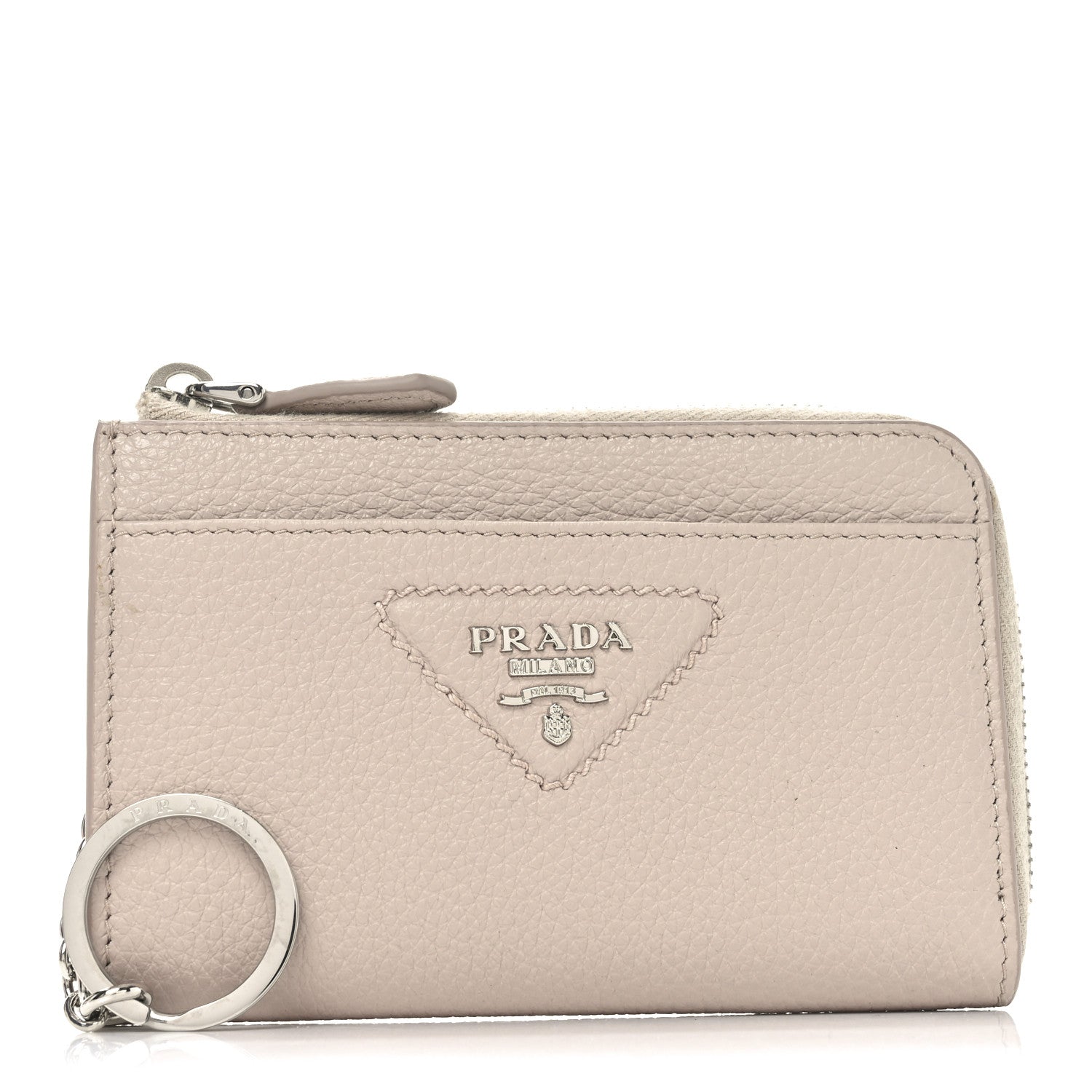 プラチナ　チャーム Prada Vitello Daino Stitch Triangle Zip Around Keychain Cammeo