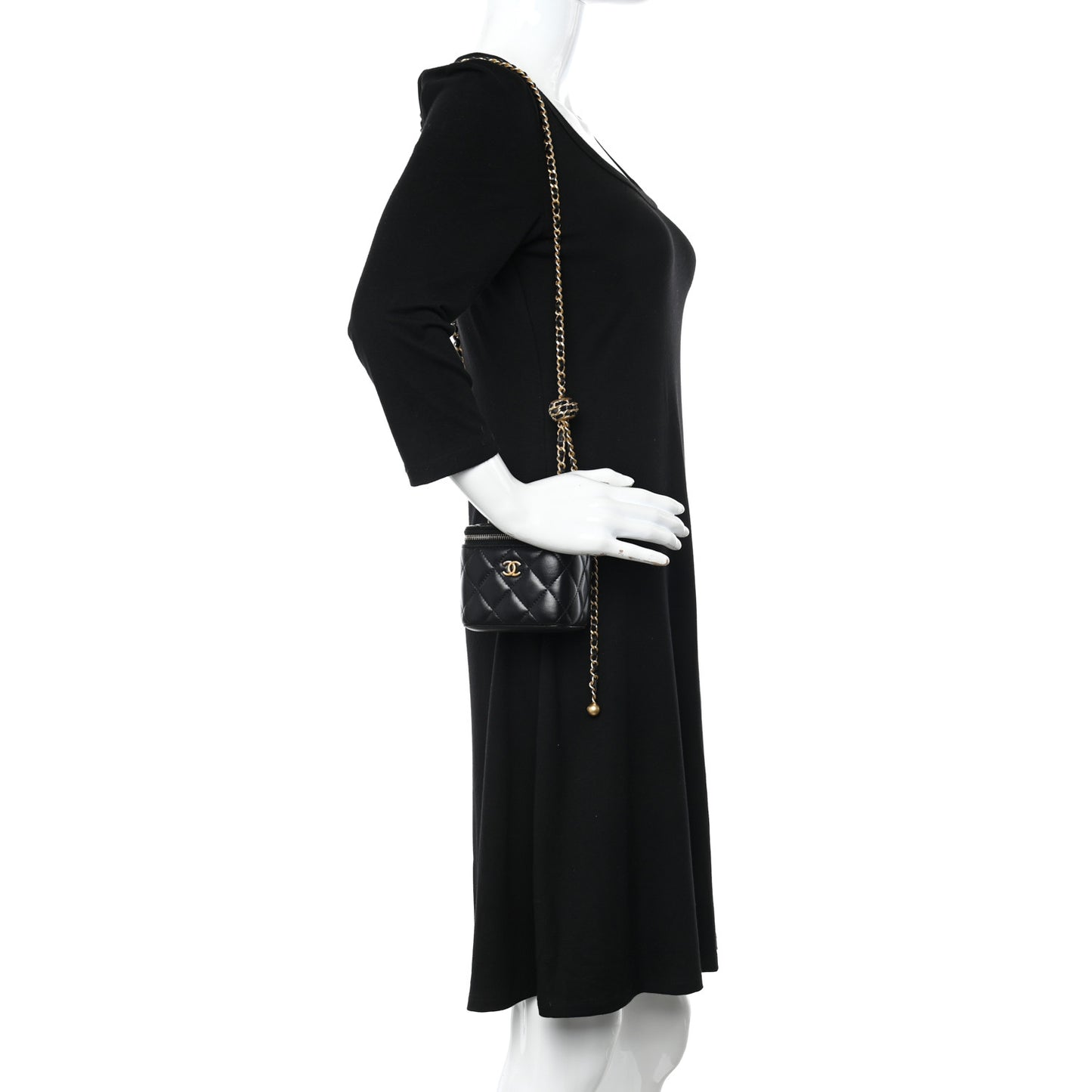 Lambskin Quilted Mini Pearl Crush Vanity Case With Chain Black