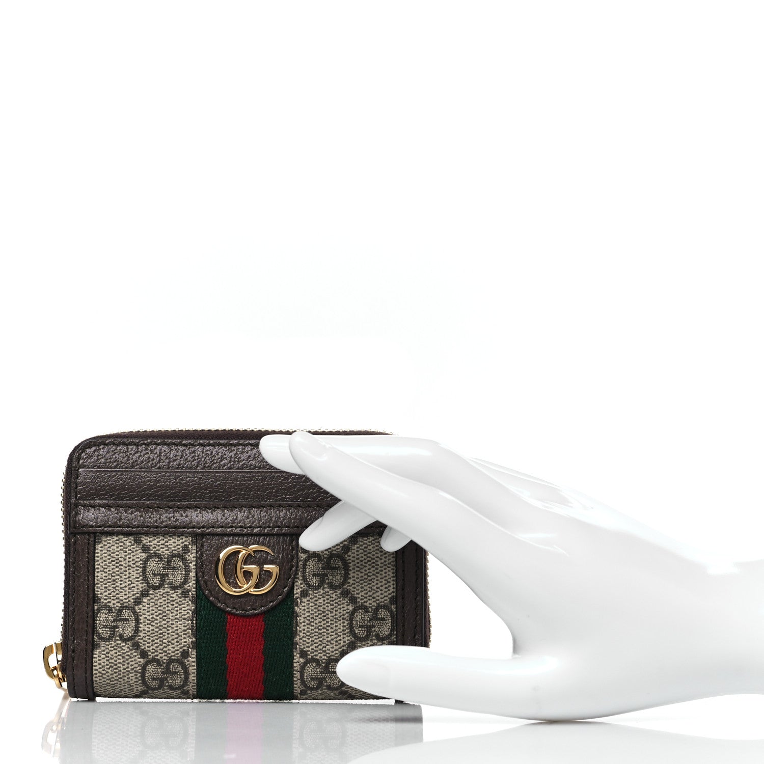 Gucci GG Supreme Monogram Textured Dollar Calfskin Web Ophidia Zip Around Card Case Wallet Beige Ebony New Acero 2 of 7