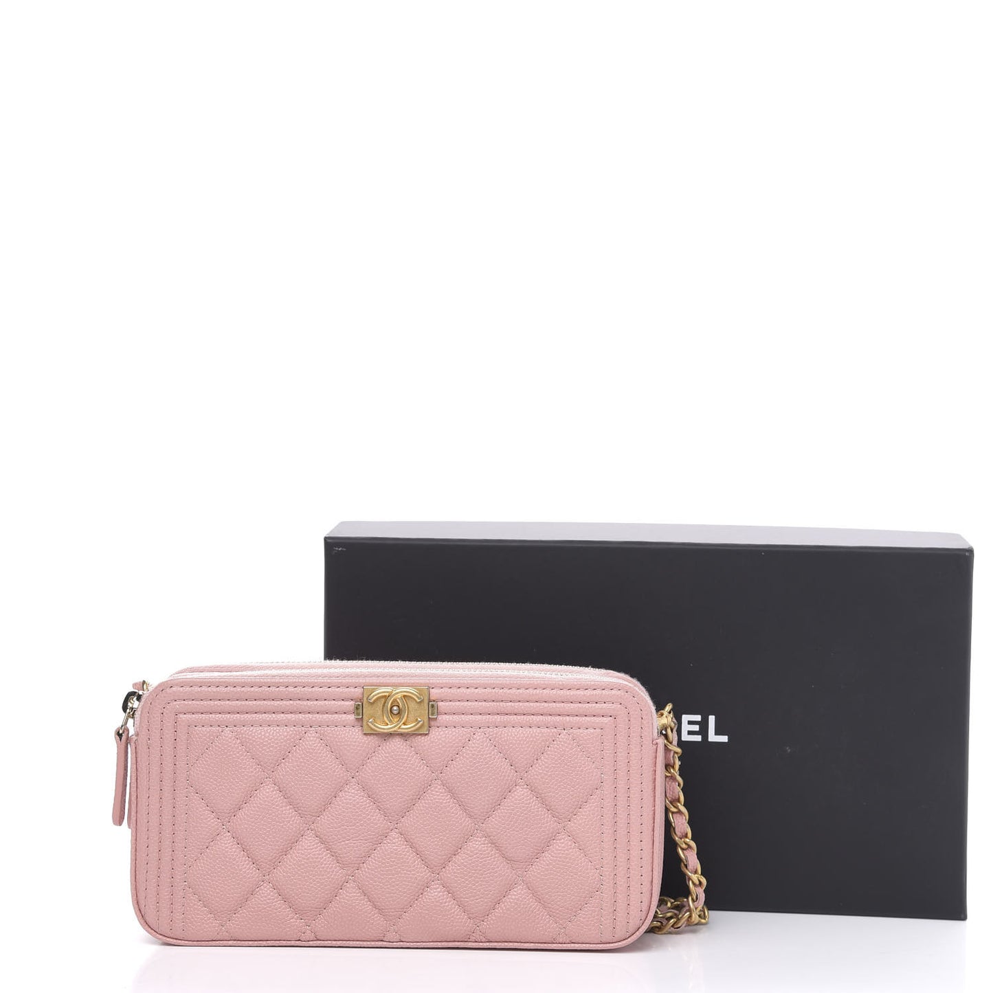 Caviar Quilted Small Boy Clutch With Chain Pink