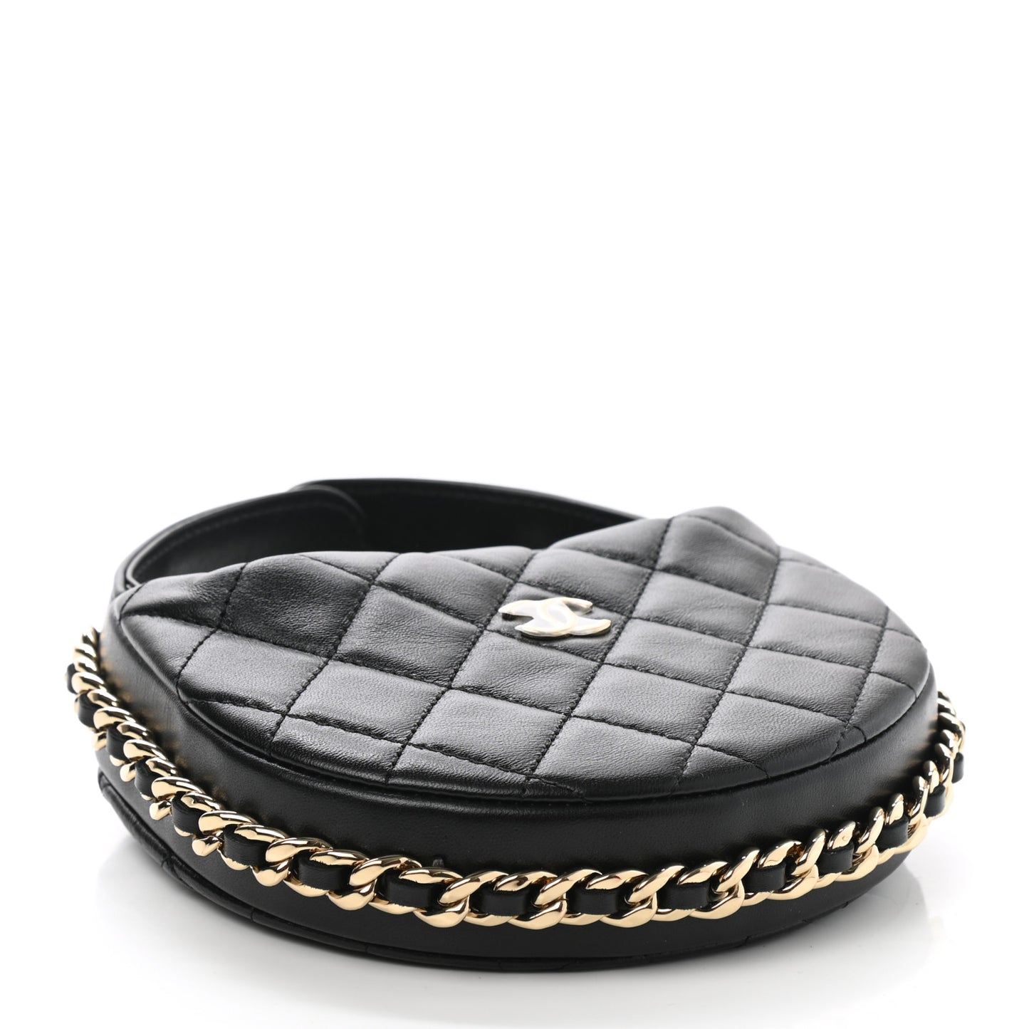 Lambskin Quilted Chain Around Pouch Hobo Black
