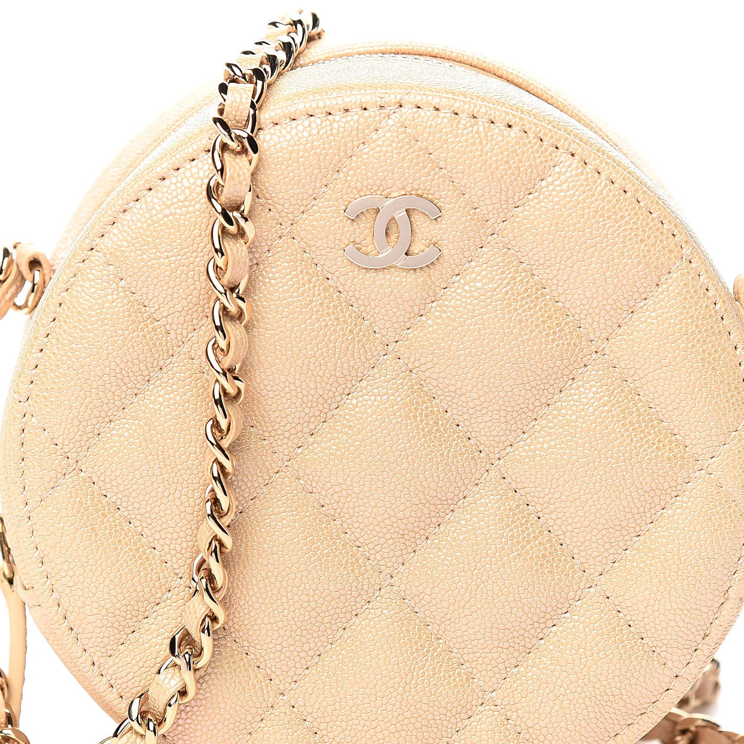 Iridescent Caviar Quilted Round Clutch With Chain Beige