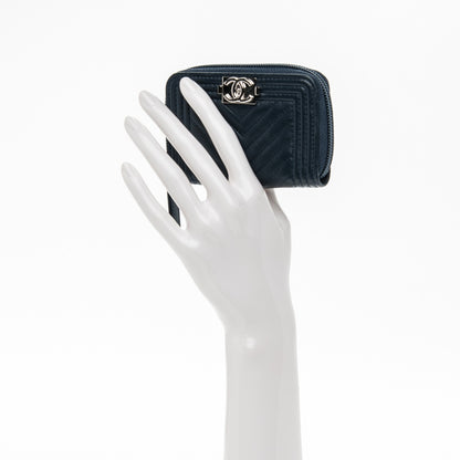 Chanel Calfskin Chevron Zip Around Boy Coin Purse Wallet Dark Navy 2 of 7