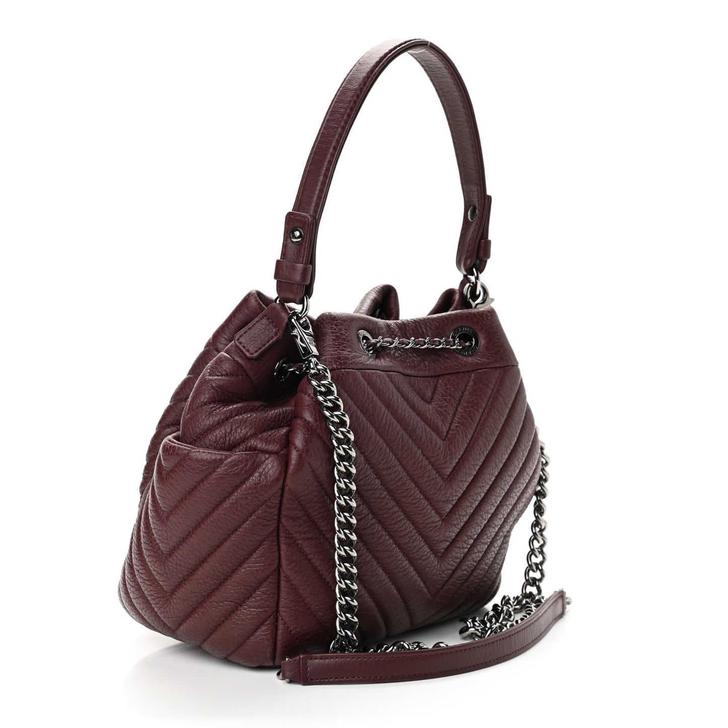 Deerskin Chevron Medium CC Chain Bucket Drawstring Bag Burgundy