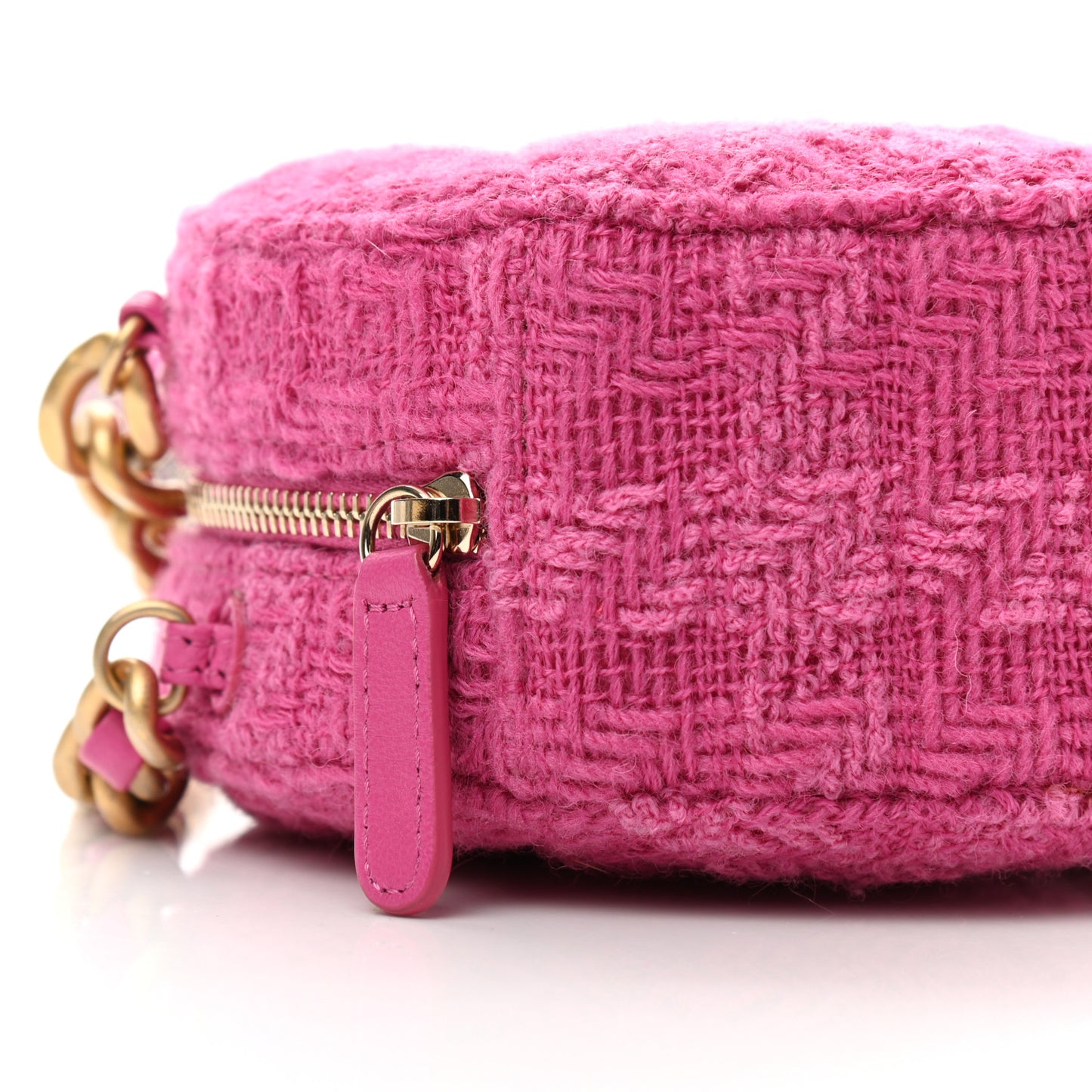 Wool Tweed Lambskin Quilted Chanel 19 Round Clutch With Chain and Coin Purse Fuchsia