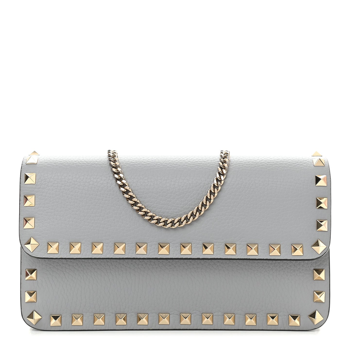 Pebbled Calfskin Rockstud Flap Wallet on Chain Pastel Grey