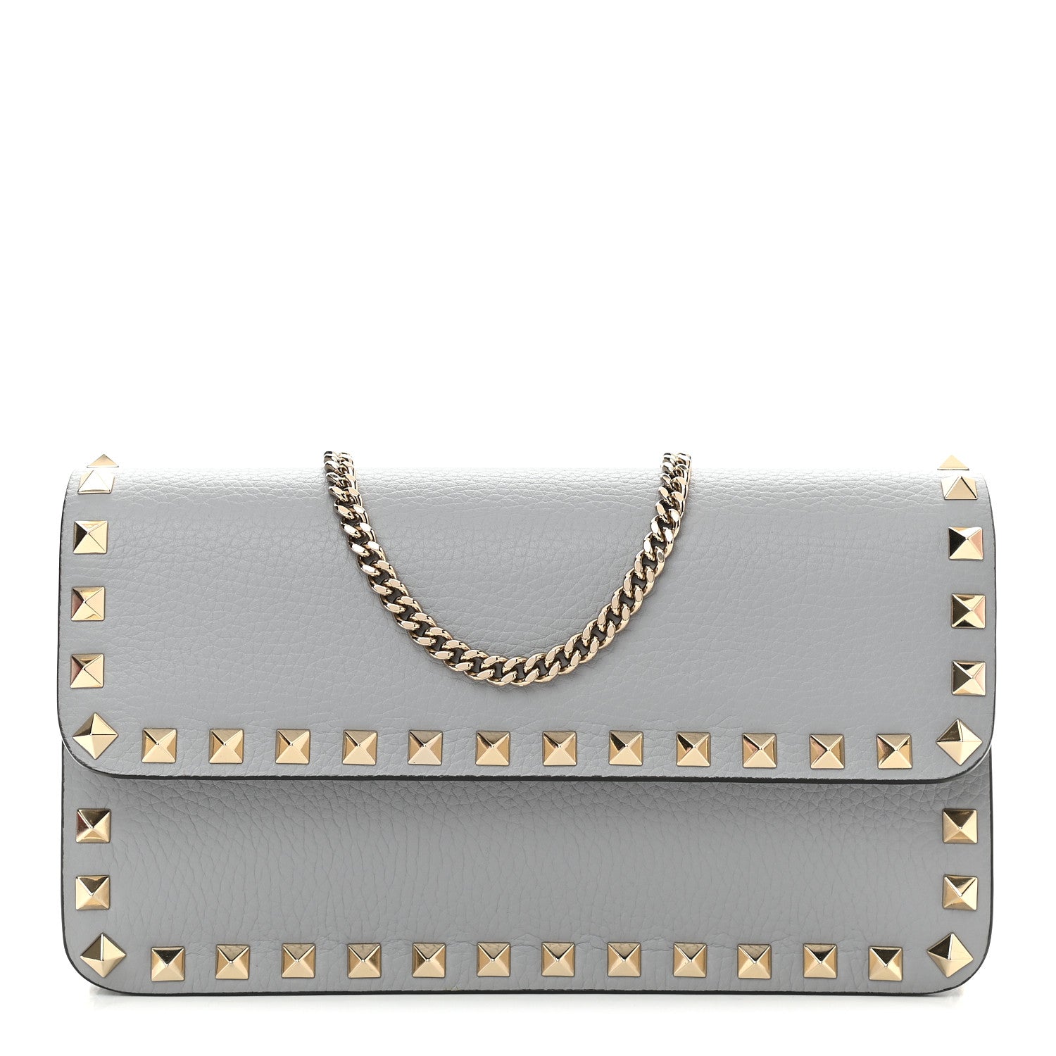 Valentino Garavani Pebbled Calfskin Rockstud Flap Wallet on Chain Pastel Grey 1 of 7
