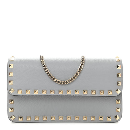 Valentino Garavani Pebbled Calfskin Rockstud Flap Wallet on Chain Pastel Grey 1 of 7