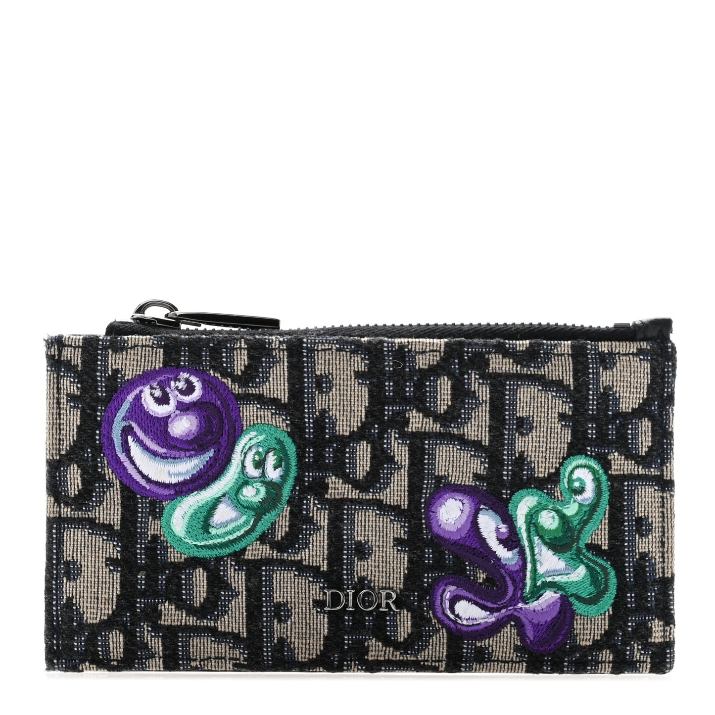 X KENNY SCHARF Oblique Canvas Embroidered Zip Card Holder Charcoal