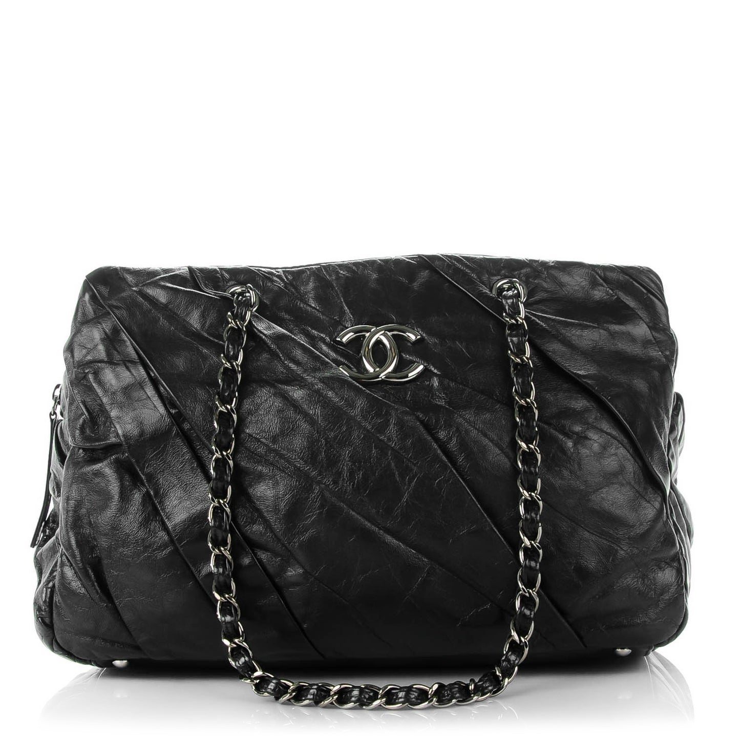 Glazed Calfskin Twisted Large Tote Black