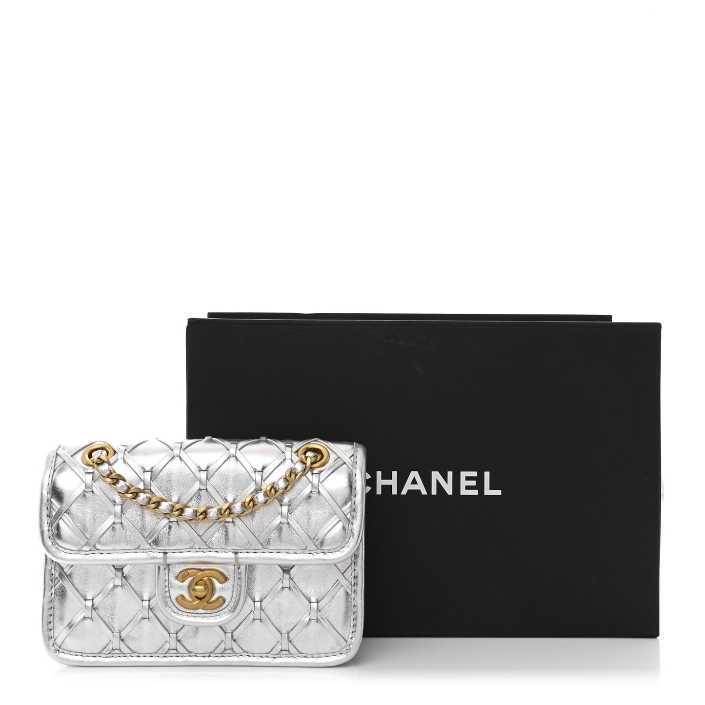 Metallic Calfskin Quilted Braided Mini Rectangular Flap Silver