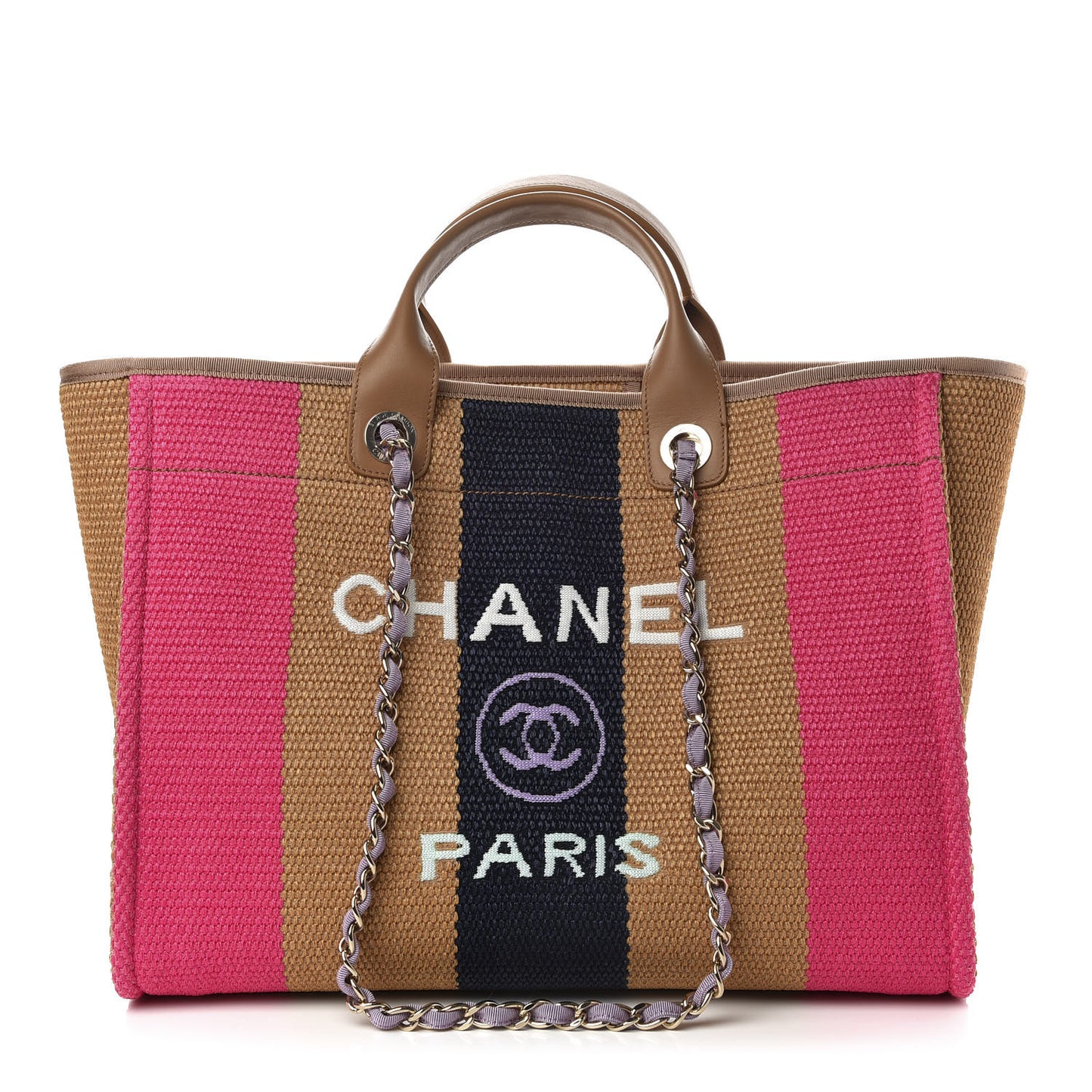 Straw Raffia Calfskin Striped Medium Deauville Tote Dark Beige Fuchsia Navy Blue