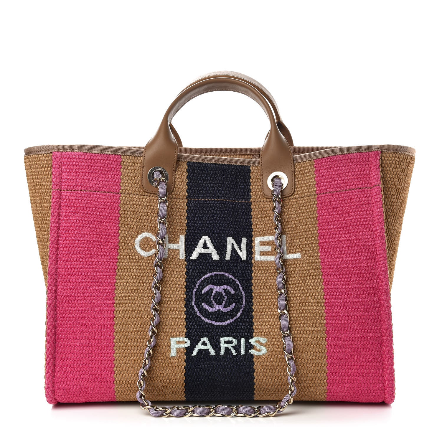 Chanel Straw Raffia Calfskin Striped Medium Deauville Tote Dark Beige Fuchsia Navy Blue 1 of 10