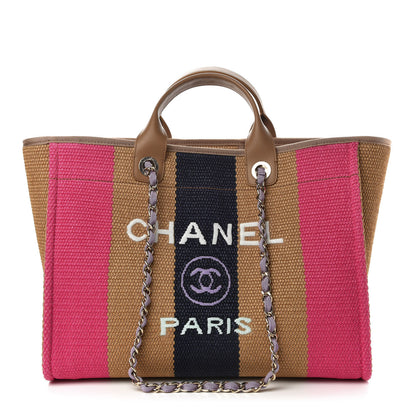 Chanel Straw Raffia Calfskin Striped Medium Deauville Tote Dark Beige Fuchsia Navy Blue 1 of 10