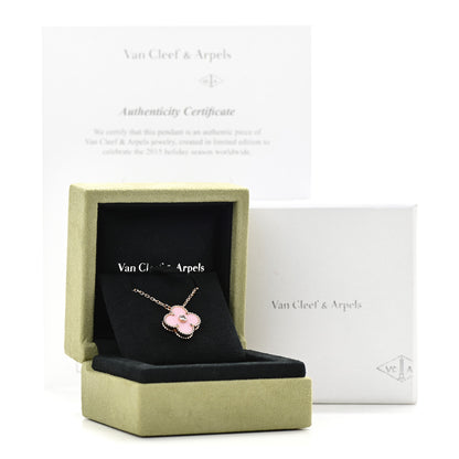 Van Cleef & Arpels 18K Rose Gold Diamond Pink Porcelain Vintage Alhambra Pendant Necklace 7 of 7