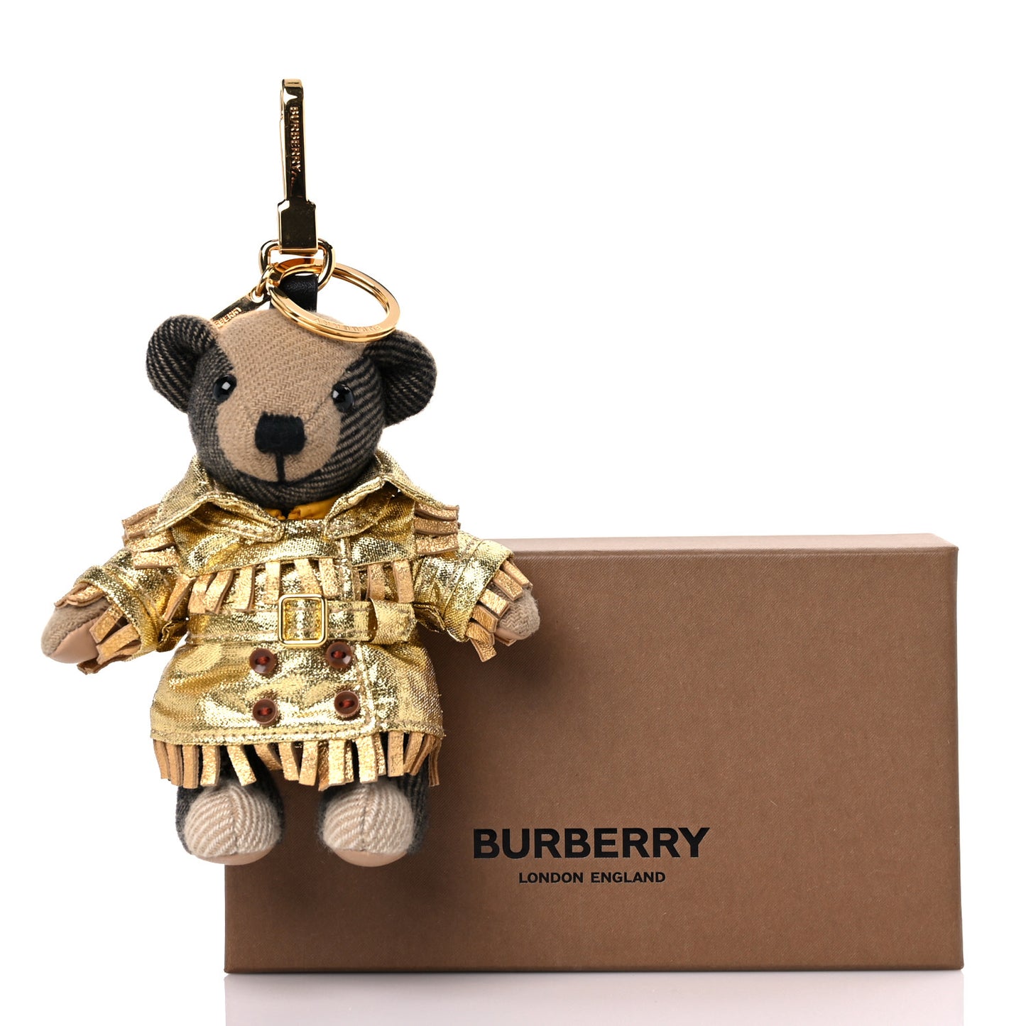 Thomas Metallic Trench Teddy Bear Keychain Charm Tan