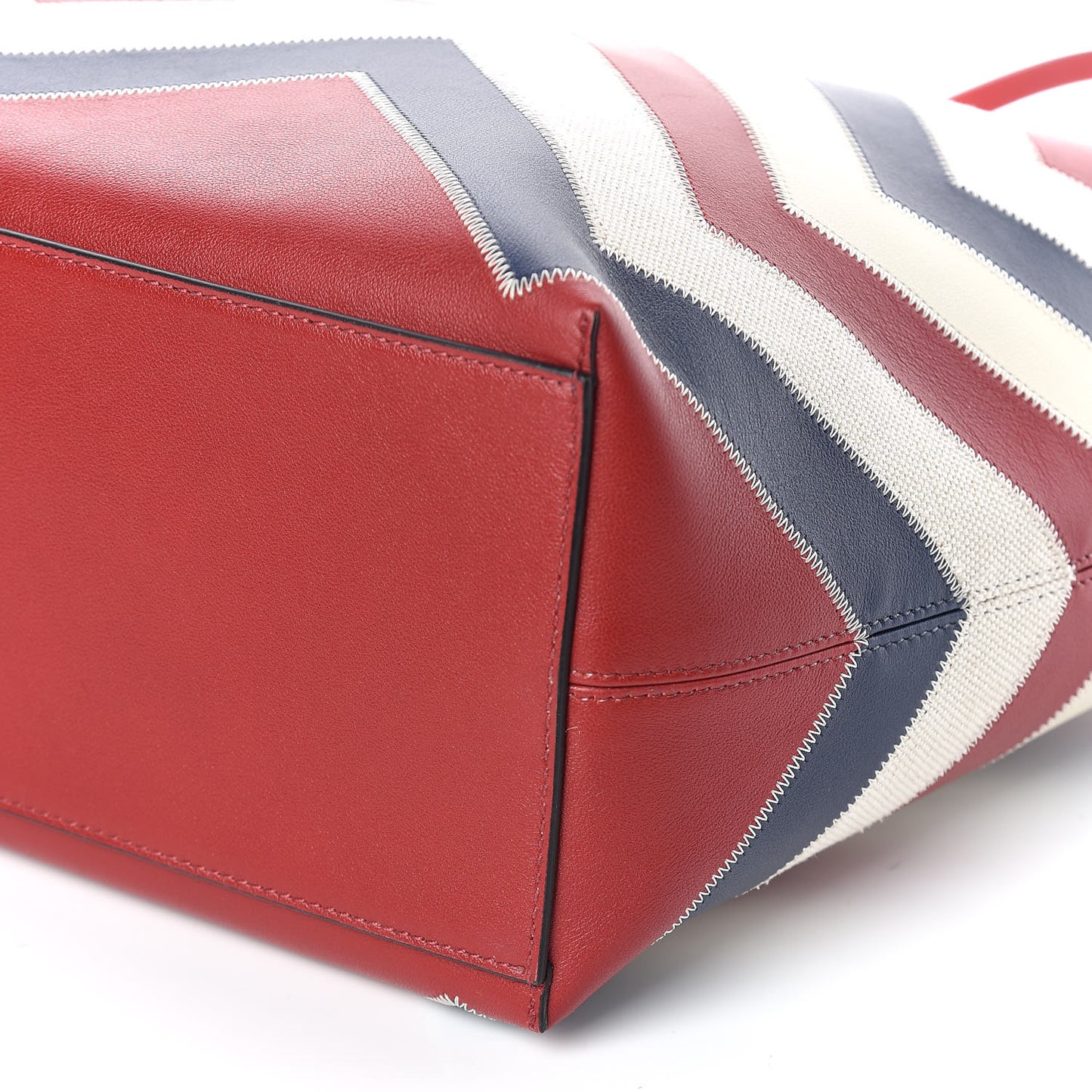 Calfskin Canvas Chevron Inlay Rockstud Shoulder Tote Red White Blue