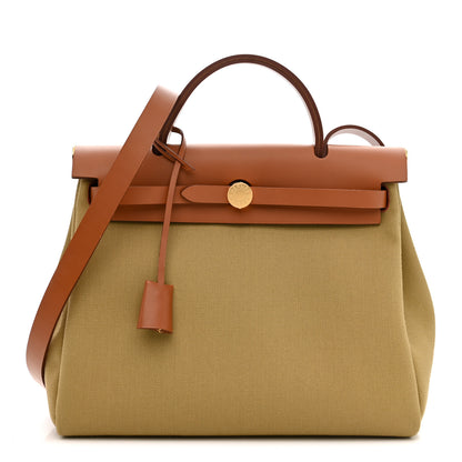Hermes Military Toile Vache Hunter Herbag Zip Retourne 31 PM Poussiere Fauve 1 of 12