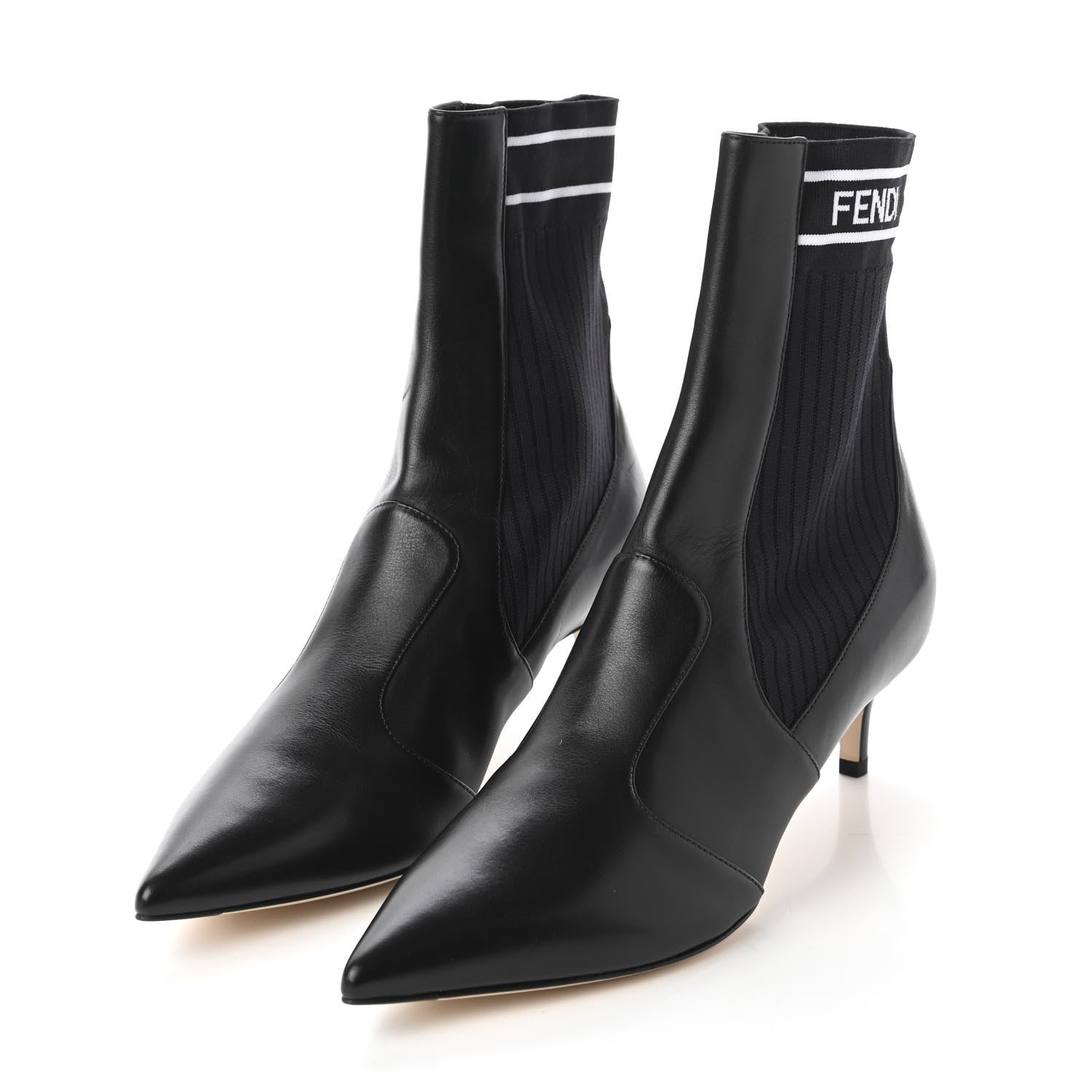 Fendi Vitellino Stretch Fabric Logo Rockoko Low Heel Sock Boots 37.5 Black White 3 of 9