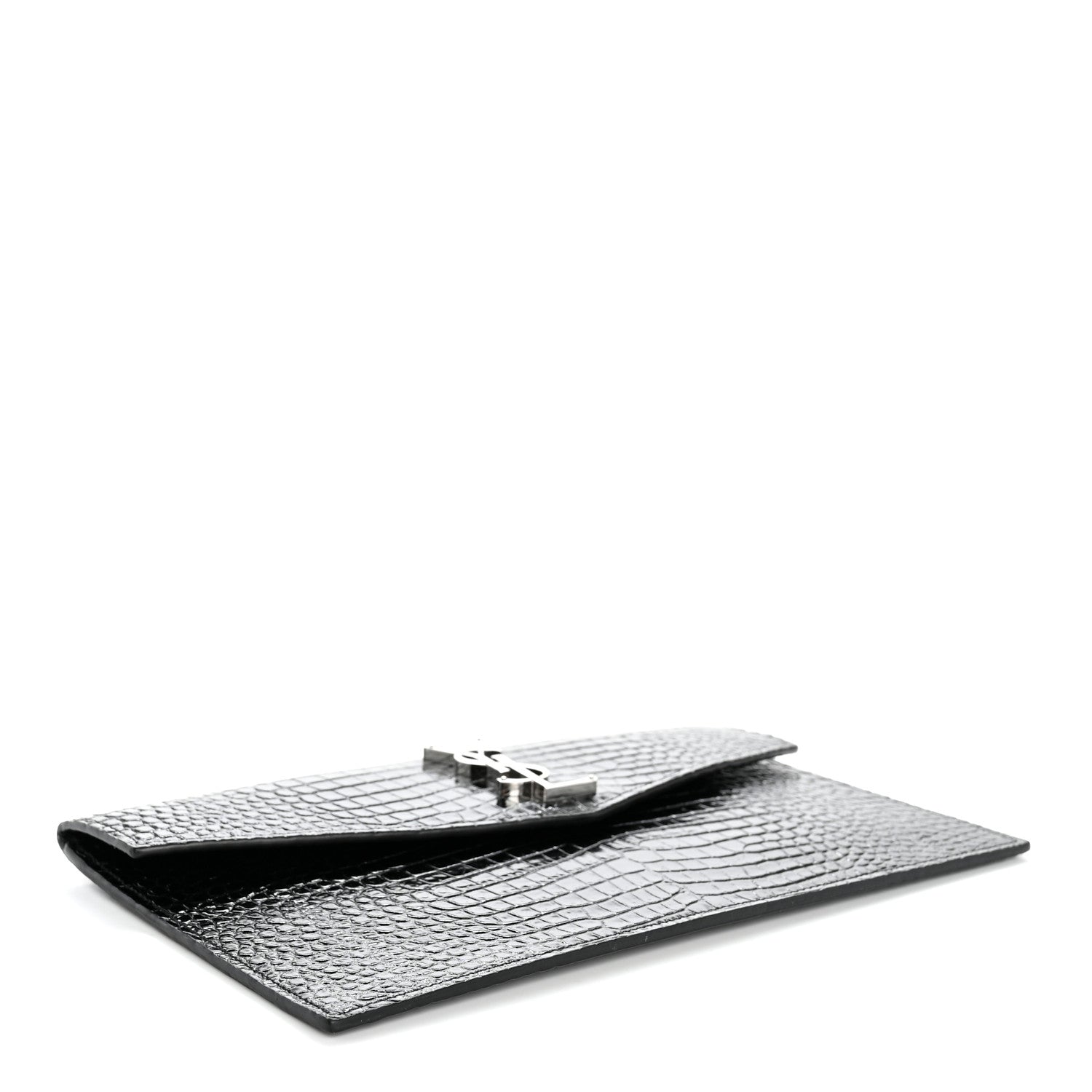 Saint Laurent Calfskin Crocodile Embossed Uptown Monogram Pouch Black 4 of 7