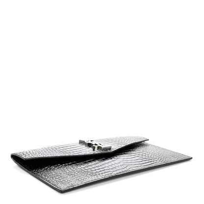 Saint Laurent Calfskin Crocodile Embossed Uptown Monogram Pouch Black 4 of 7