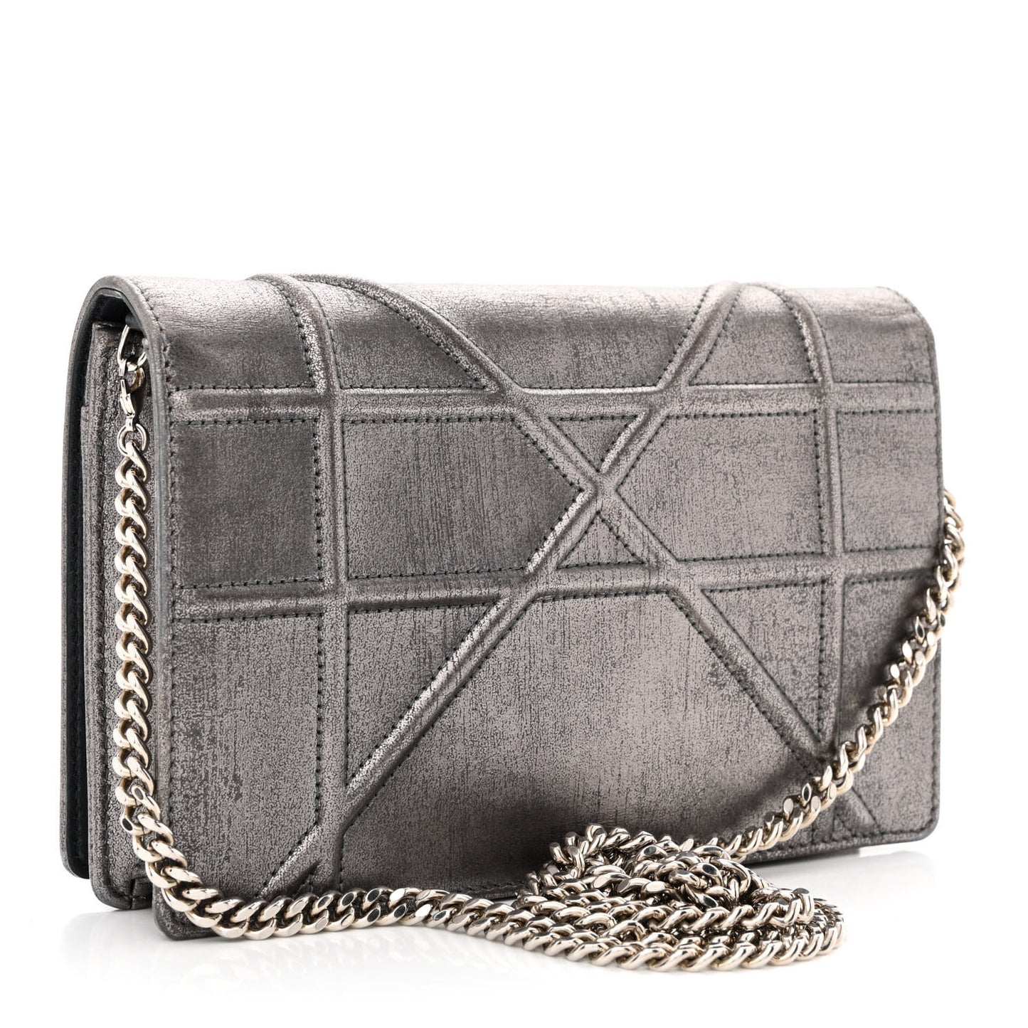 Metallic Brushed Calfskin Diorama Wallet on Chain Pouch Gunmetal