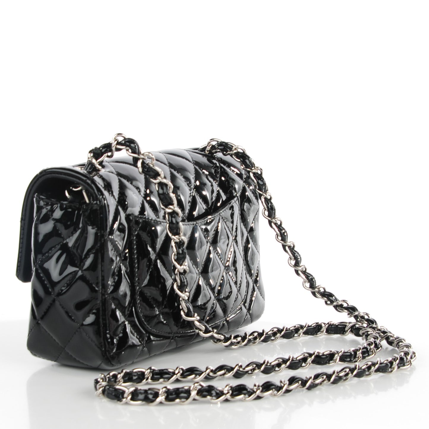 Patent Calfskin Quilted Mini Rectangular Flap Black