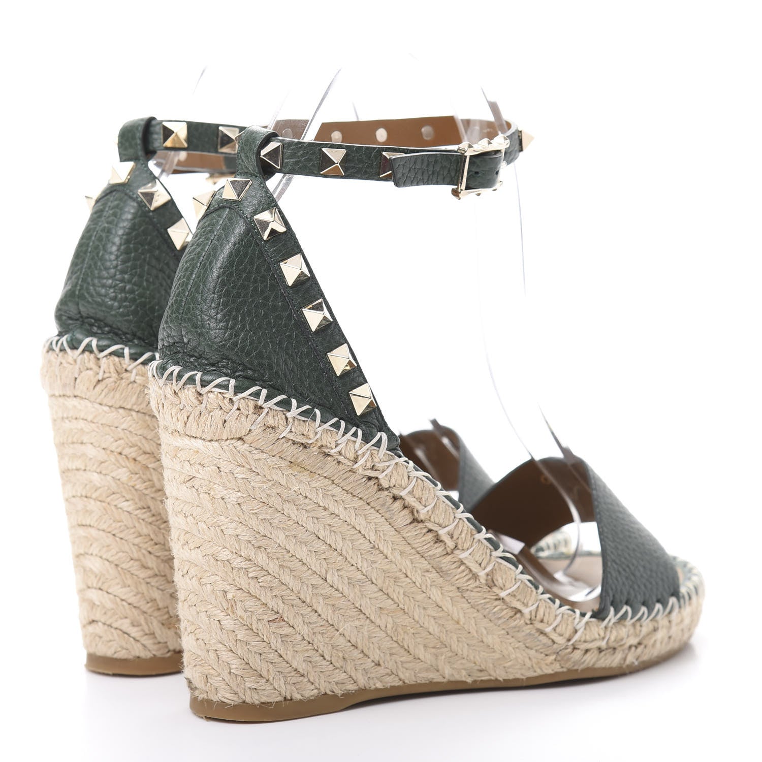 Valentino Garavani Grained Calfskin Rockstud Ankle Strap Espadrille 15/105mm Wedge Sandals 37 Army Green Natural 4 of 7