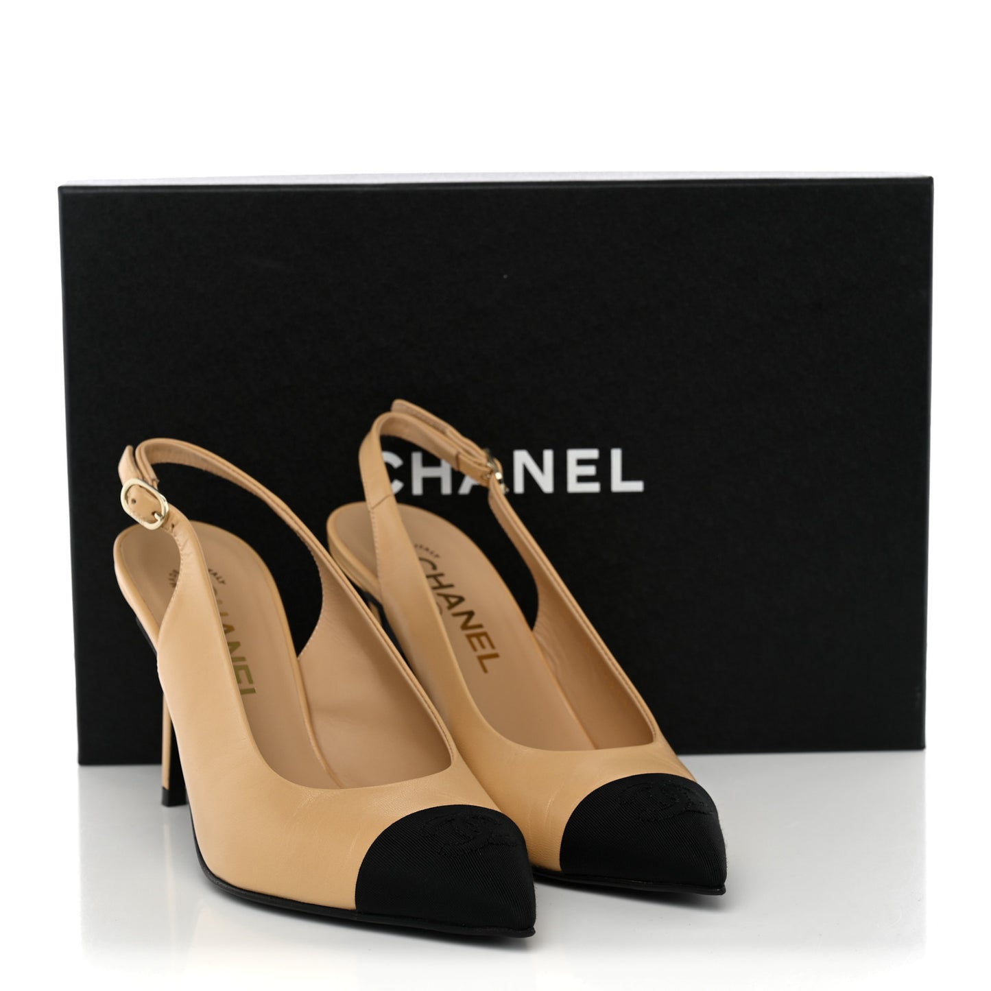 Goatskin Grosgrain Pointed Cap Toe CC Slingback Pumps 36 Beige Black
