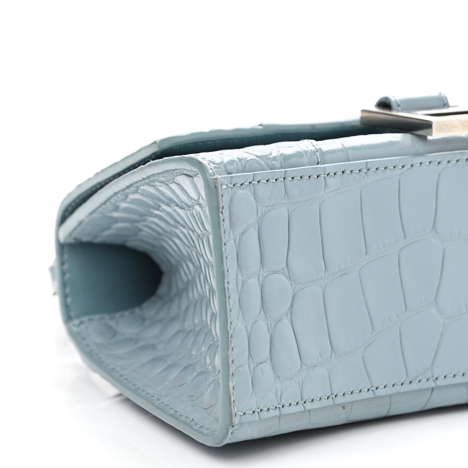 Balenciaga Shiny Calfskin Crocodile Embossed Hourglass Top Handle Bag XS Blue Grey 8 of 9