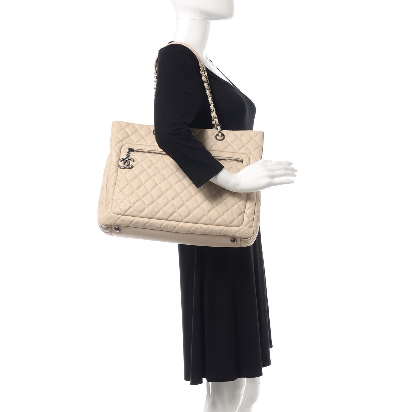 Caviar Quilted Shopping Tote Light Beige