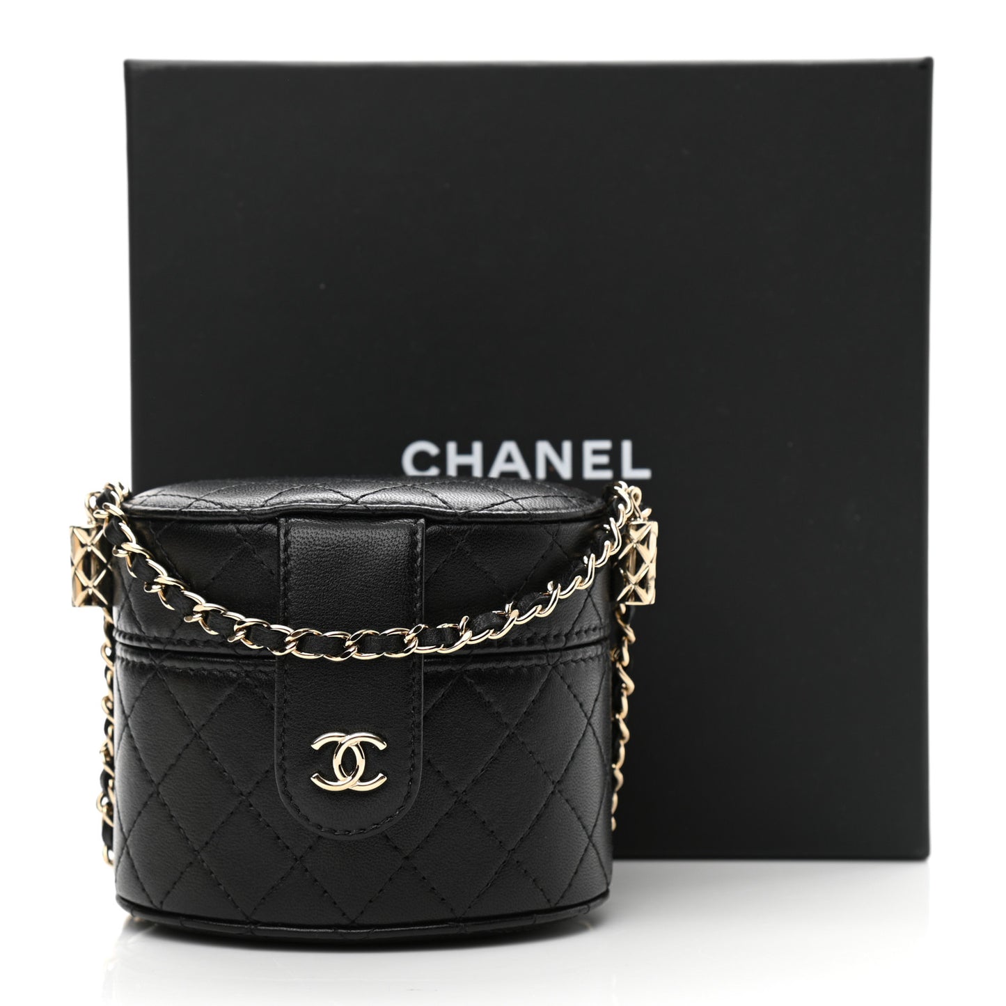 Lambskin Quilted Mini Round Vanity Case With Chain Black