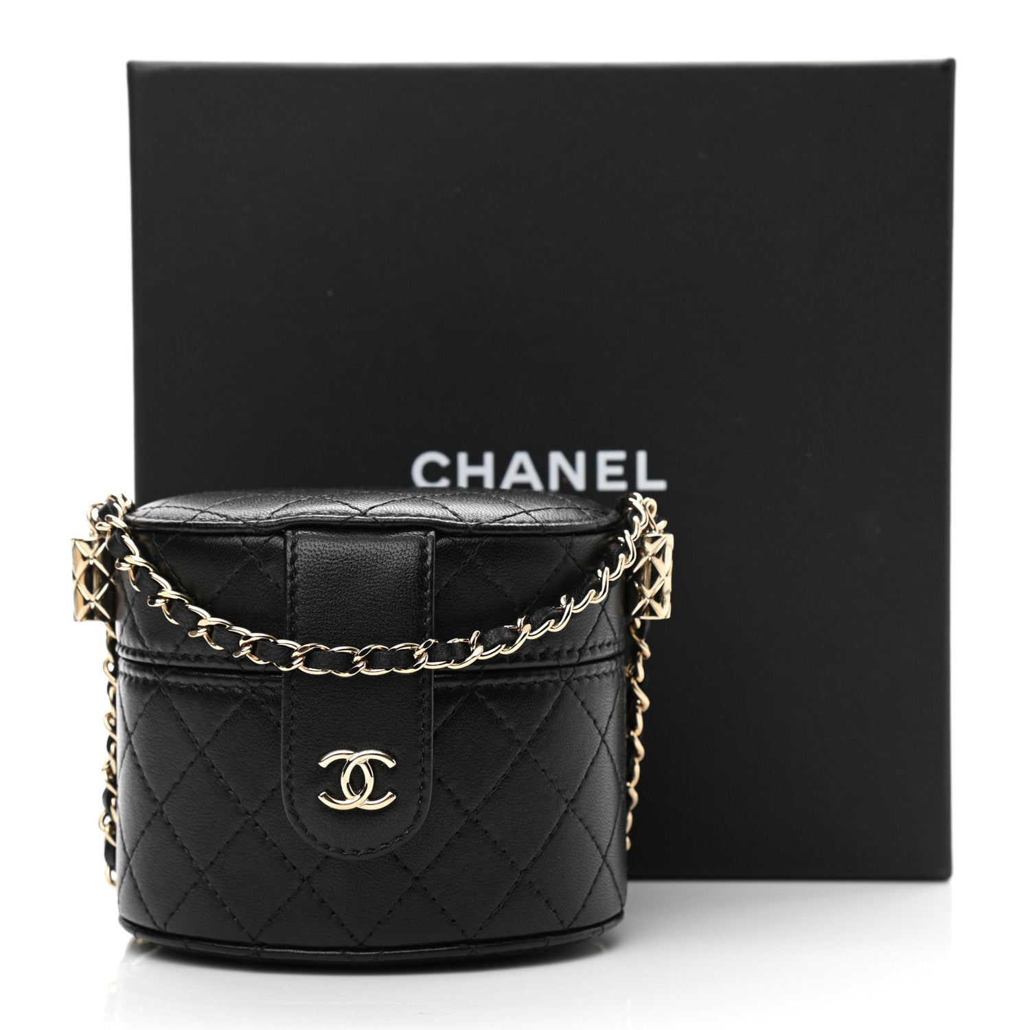 Chanel Lambskin Quilted Mini Round Vanity Case With Chain Black 11 of 11