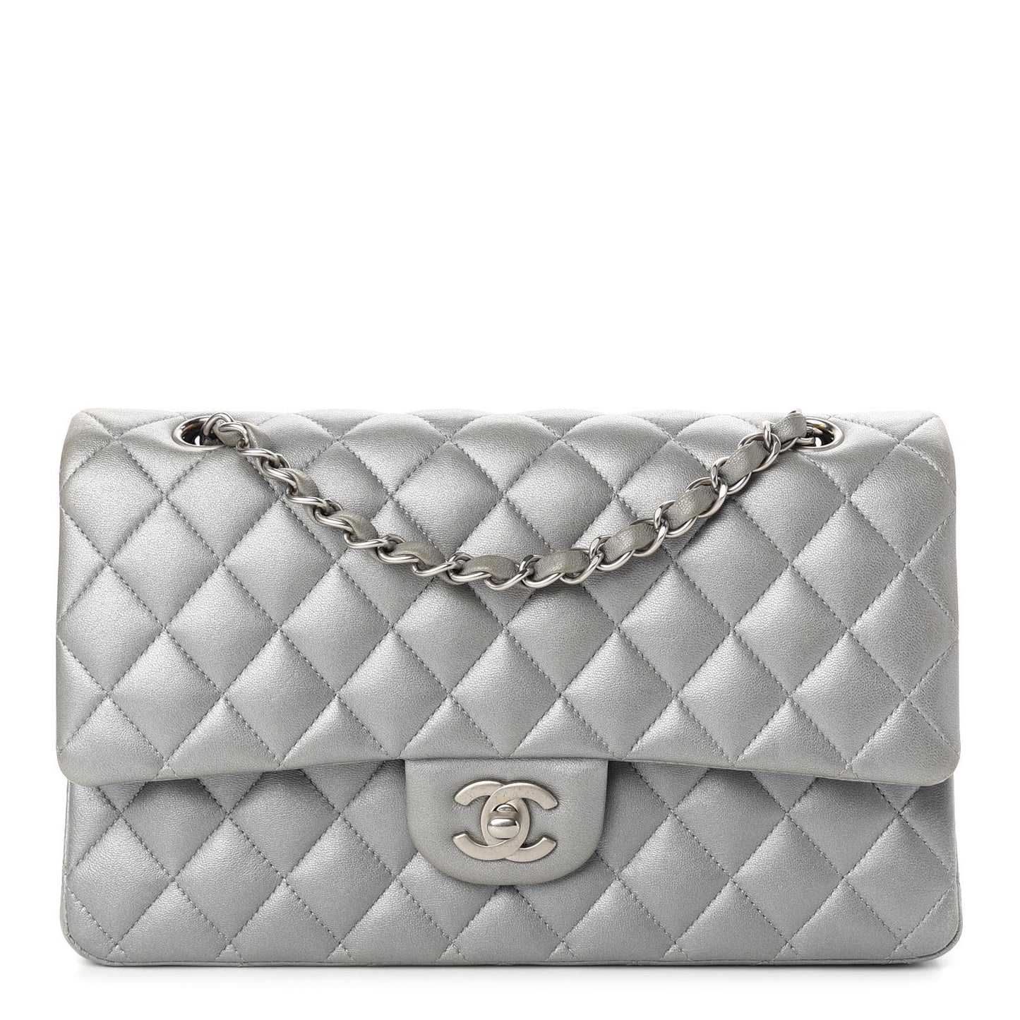 Metallic Lambskin Quilted Medium Double Flap Silver