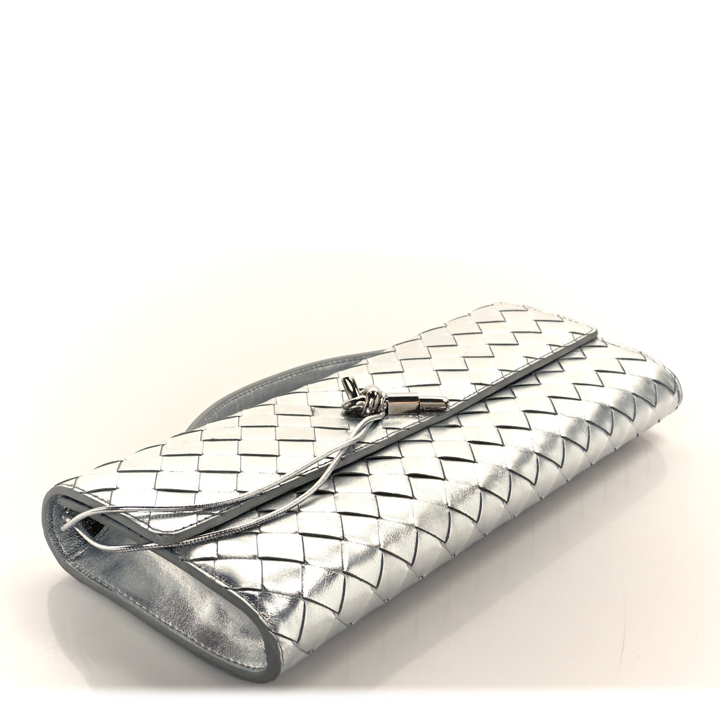 Metallic Lambskin Intrecciato Long Andiamo Top Handle Clutch Silver