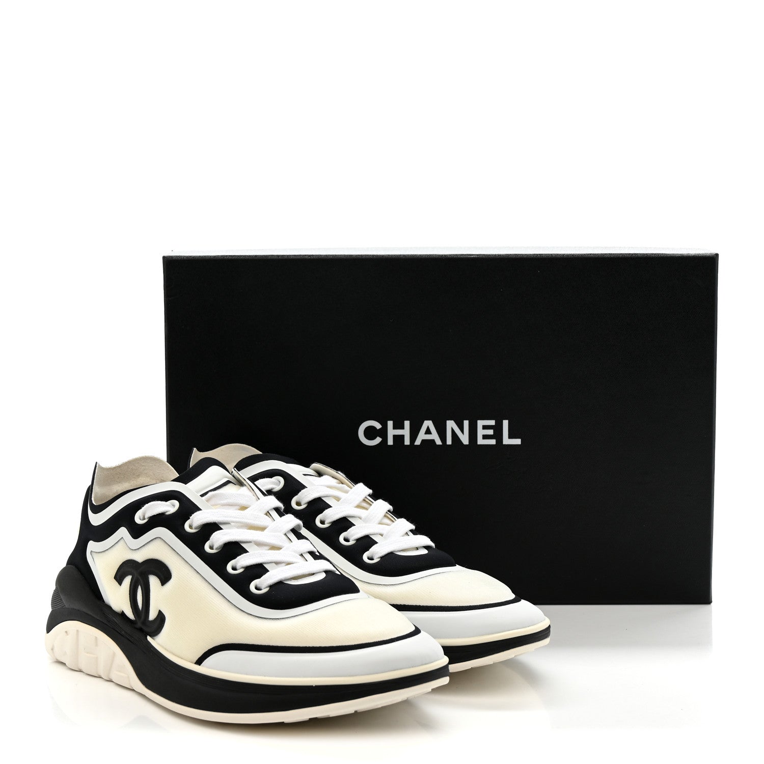 Chanel Lycra Womens CC Sneakers 39.5 White Black 9 of 9