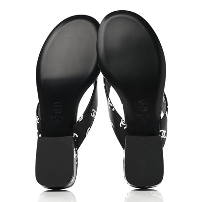 Chanel Lambskin Printed CC Thong Sandals 39 Black White 5 of 9