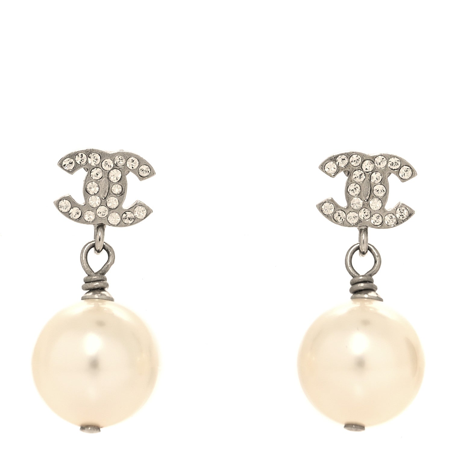 Chanel Crystal Pearl CC Drop Earrings Silver Pearly White 1 of 4