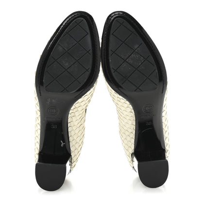 Chanel Snakeskin CC Elastic Cap Toe Ballerina Pumps 38 White Black 6 of 8