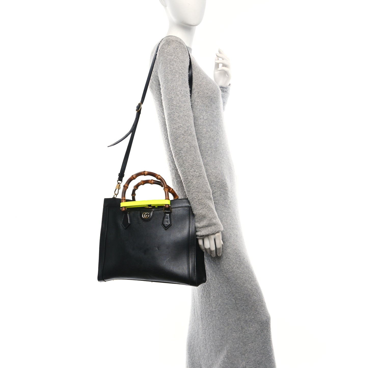 Calfskin Medium Diana Tote Bag Black Yellow Fluo