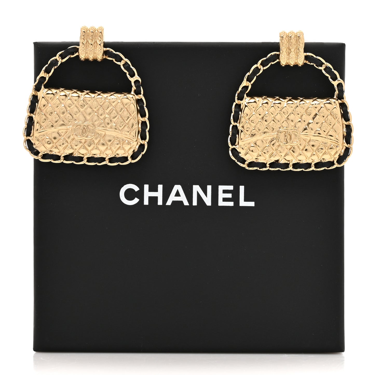 Metal Lambskin Quilted CC Chain Flap Bag Earrings Gold Black
