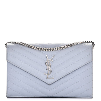 Saint Laurent Grain De Poudre Matelasse Monogram Chain Wallet Sky Blue 1 of 13