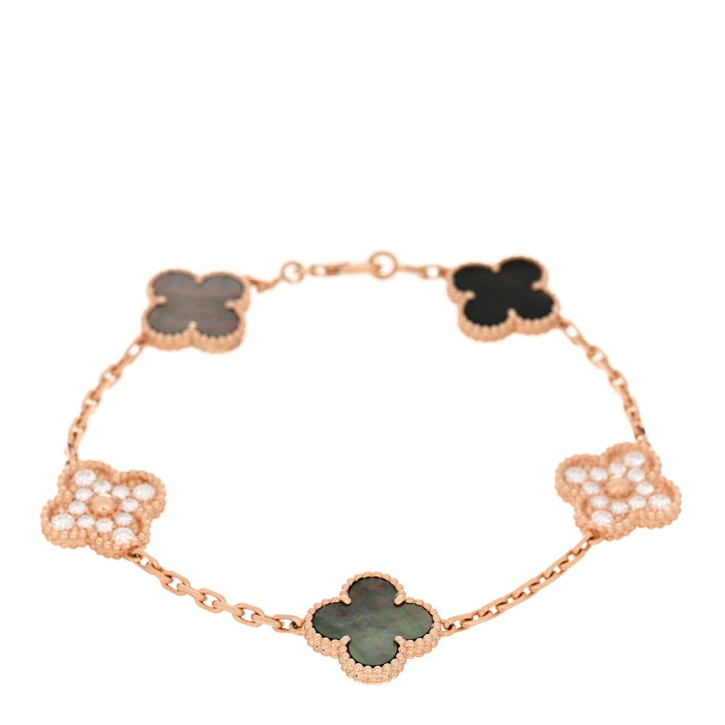 18K Rose Gold Diamond Gray Mother of Pearl 5 Motifs Vintage Alhambra Bracelet