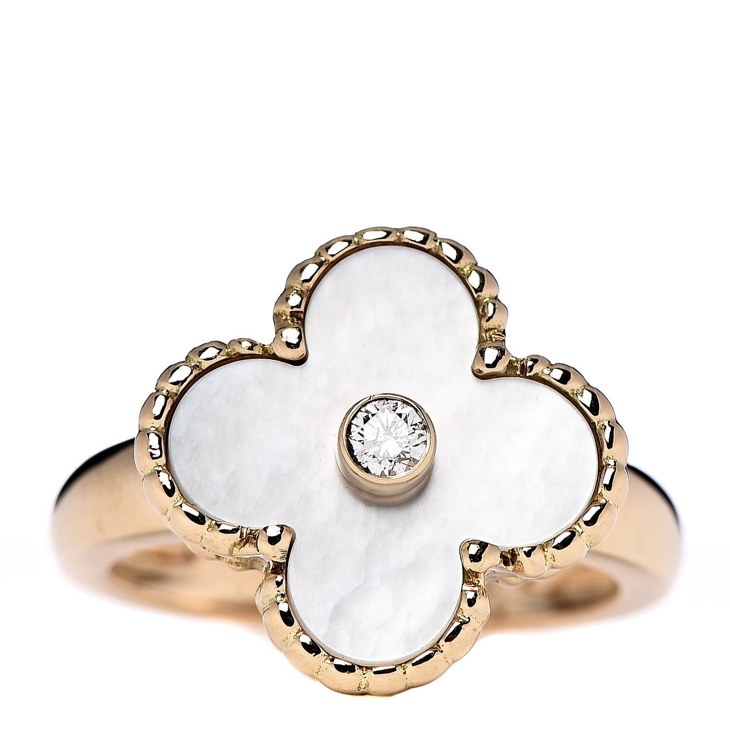 18K Yellow Gold Diamond Mother of Pearl Vintage Alhambra Ring 48 4.5