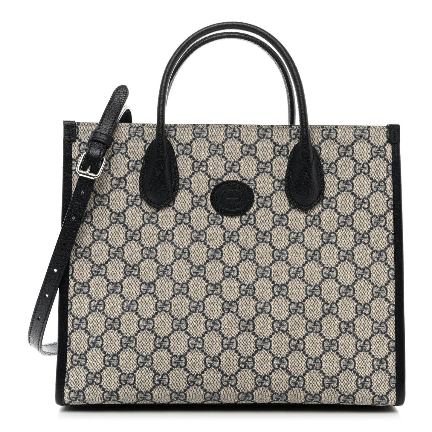 GG Supreme Monogram Textured Dollar Calfskin Small Retro Interlocking G Tote Bag Beige Blue
