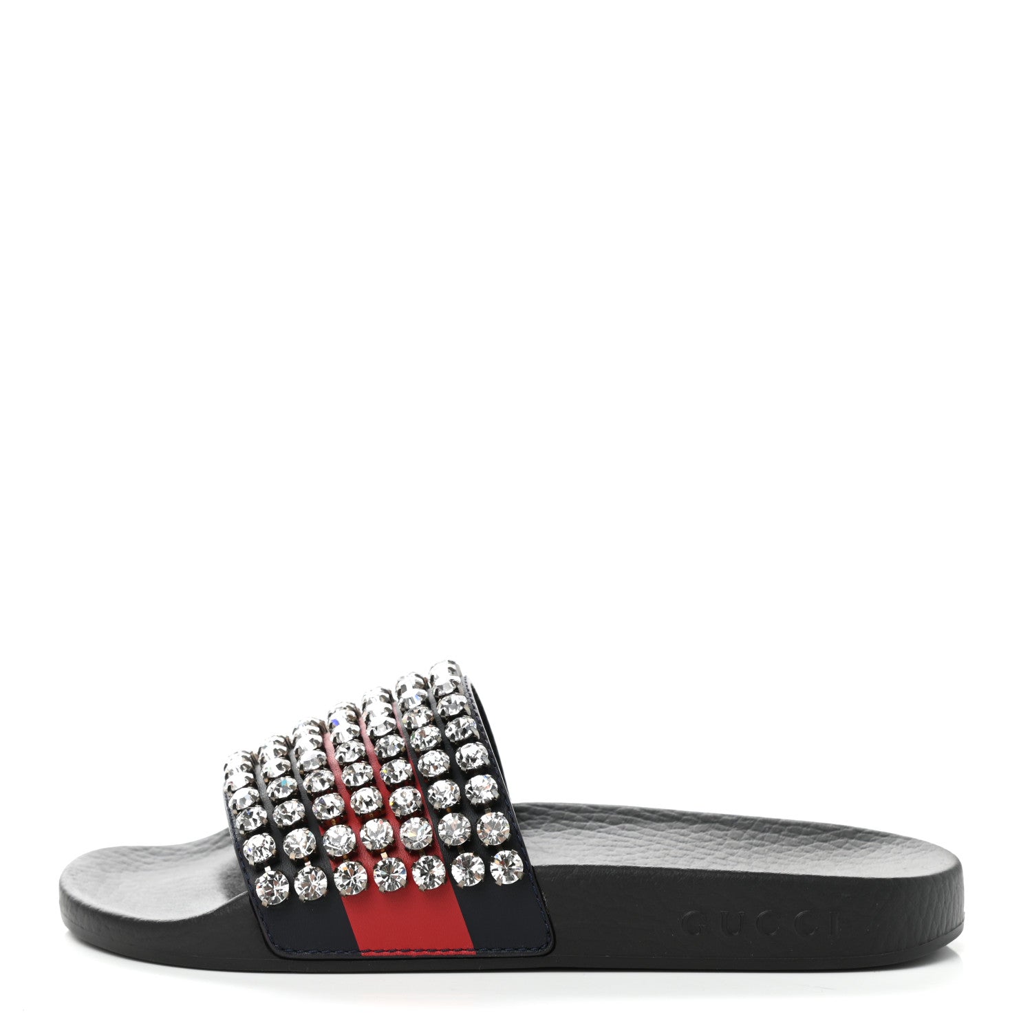 Gucci Calfskin Crystal Embellished Web Slide Sandals 36 Blue Red 1 of 7