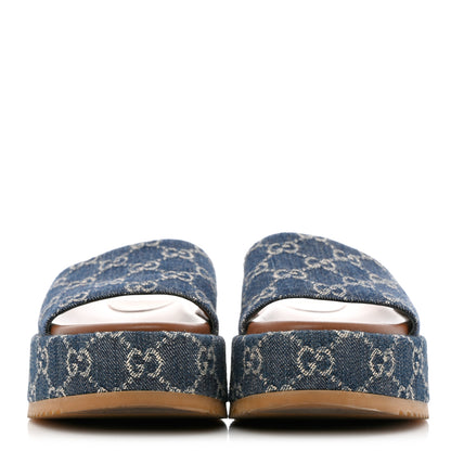 Gucci New Denim GG Monogram Angelina Platform 55mm Slide Sandals 37 Blue Tea 2 of 9